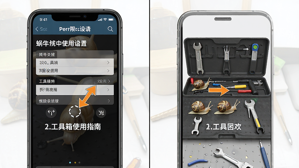 一张展示蜗牛工具箱使用指南的预览图,主体为手机屏幕显示权限设置界面与工具箱主界面并排,布局为左右分屏对比,排版清晰有序,风格为教程类图示,细节上带有箭头指示操作步骤,画质高清干净无多余元素