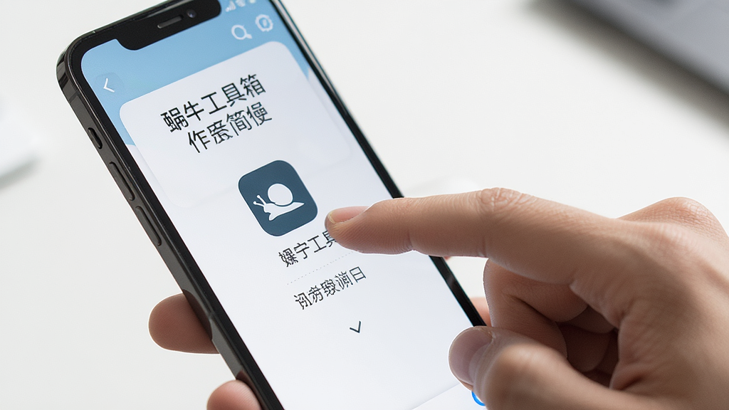一张展示蜗牛工具箱操作简便特点的预览图,主体为手指点击手机屏幕上的工具图标,布局为手部与手机的特写,排版突出交互动作,风格为现代简约,细节上屏幕显示操作步骤提示,画质清晰干净无多余元素