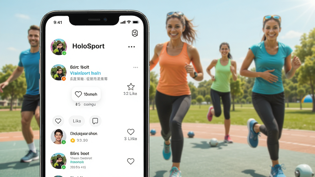 手机屏幕显示HoloSport社交社区界面,有用户头像、运动动态和点赞评论图标,背景是多人一起运动的场景,风格活泼,色彩明亮,布局清晰,画质高清,干净,无多余元素
