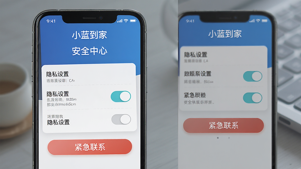 手机屏幕展示“小蓝到家”安全中心页面,包含隐私设置开关和紧急联系按钮,页面风格稳重,以蓝色和灰色为主,画质清晰,布局规整,无多余元素。