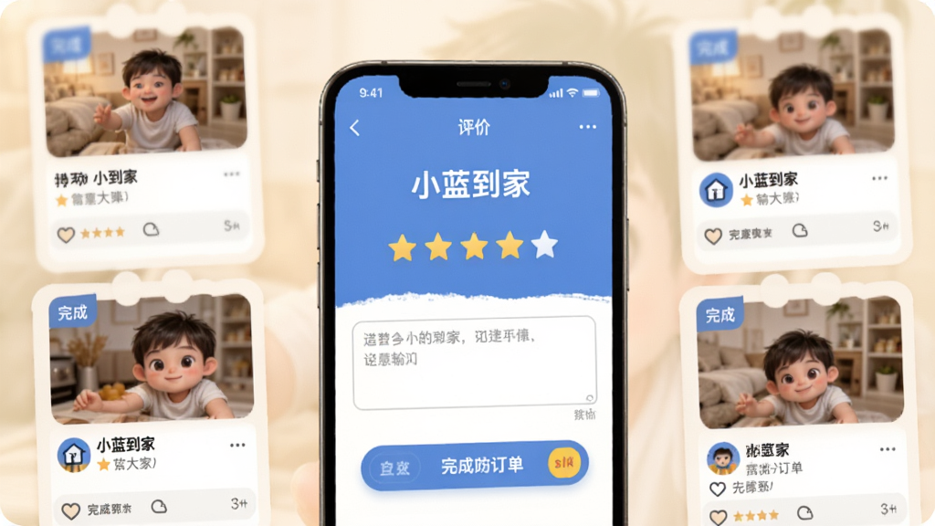 手机屏幕展示“小蓝到家”评价页面,五星评分和文字输入框位于画面中央,周围有已完成订单的缩略图,风格温馨,配色柔和,画质清晰,无多余装饰。