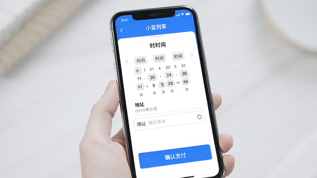 手机界面显示“小蓝到家”订单确认页面,包含时间选择器、地址输入框和确认支付按钮,页面以蓝色为主色调,布局简洁,按钮醒目,背景为白色,画质高清,干净无多余元素。