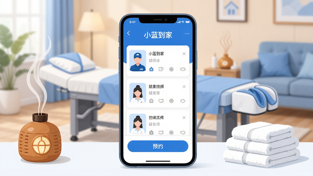 画面中央展示一部智能手机,手机屏幕上显示“小蓝到家”应用界面,界面包含技师列表和预约按钮,手机周围环绕着按摩床、香薰灯、毛巾等健康服务元素,背景是温馨的居家环境,整体采用清新蓝白配色,扁平化UI风格,画面干净整洁,布局居中对称,细节清晰,画质高清,无多余元素。