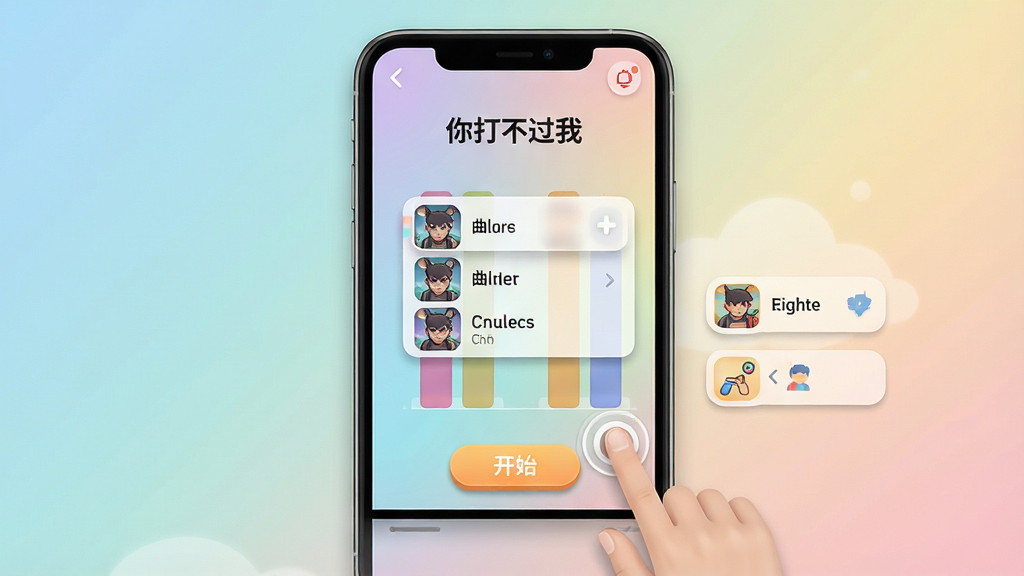 一张展示“你打不过我”游戏操作界面的图片,画面为手机竖屏正面视图,屏幕内显示简洁的节奏游戏界面,有开始按钮、曲目选择列表和排行榜入口,背景是柔和的渐变色彩,布局为上下结构,风格为清新简约的移动应用UI设计,细节包括圆角图标、阴影层次、手指点击示意,画质清晰干净,无多余元素