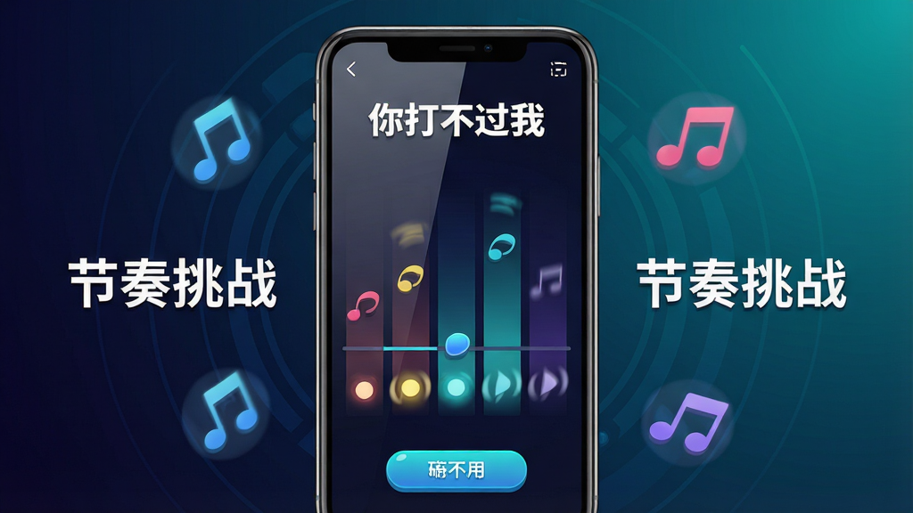 一张展现手机屏幕内音乐节奏游戏界面的图片,画面中心是一部竖屏智能手机,屏幕上显示着“你打不过我”的游戏主界面,有跳动的音符和节奏光效,背景是深色科技感渐变,手机周围漂浮着音符图标和“节奏挑战”字样,整体布局居中对称,风格为现代扁平化游戏宣传图,细节包括屏幕反光、按钮高亮、动态模糊效果,画质清晰干净,无多余元素