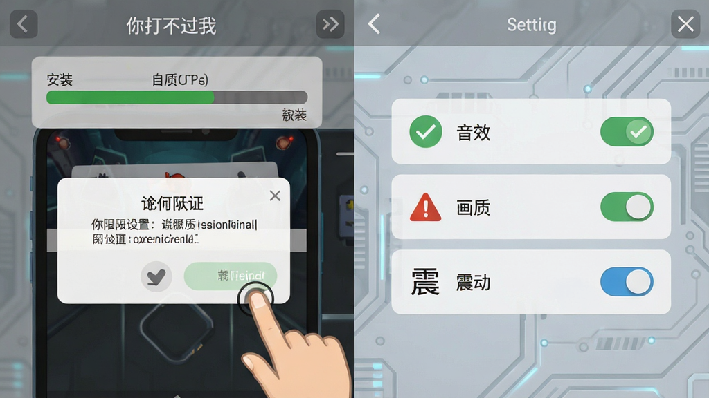 一张展示“你打不过我”游戏安装和设置界面的图片,画面为手机屏幕截图风格,左侧显示安装进度条和权限确认弹窗,右侧显示游戏内设置菜单,有音效、画质、震动开关选项,背景是浅灰色科技纹理,布局为左右分栏,风格为实用教程类配图,细节包括手指点击图标、对勾标记、警告图标,画质清晰干净,无多余元素