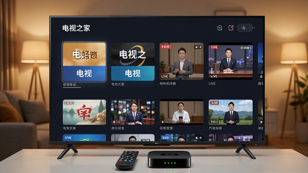 画面中央是一台大屏幕智能电视,电视屏幕上显示着