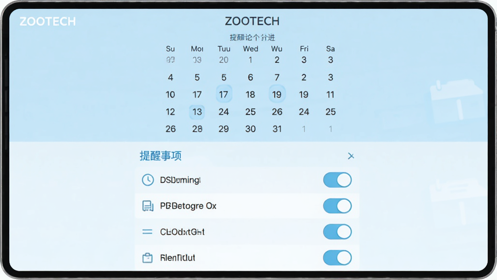 主体为ZOOTECH提醒设置界面,布局为顶部日历视图与下方提醒事项列表,排版整齐有序,风格为清爽扁平风,细节包括浅蓝色主色调、时钟图标和开关按钮,画质高清,干净,无多余元素