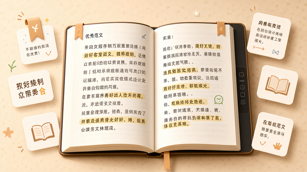 ��������Ϊһ�������ĵ����飬��ҳ����ʾ�����㷶�Ķ���͸�����ע�ĺôʺþ䣬�Ա��м���Ư�����زĿ�Ƭ������Ϊ���й�ͼ��������ռ�ݻ������ġ��Ű��η��������Ϊ��ů�Ķ��磬ϸ�ڴ�����ǩ�ͱʼ�ͼ�꣬���������ɾ����޶���Ԫ�ء�