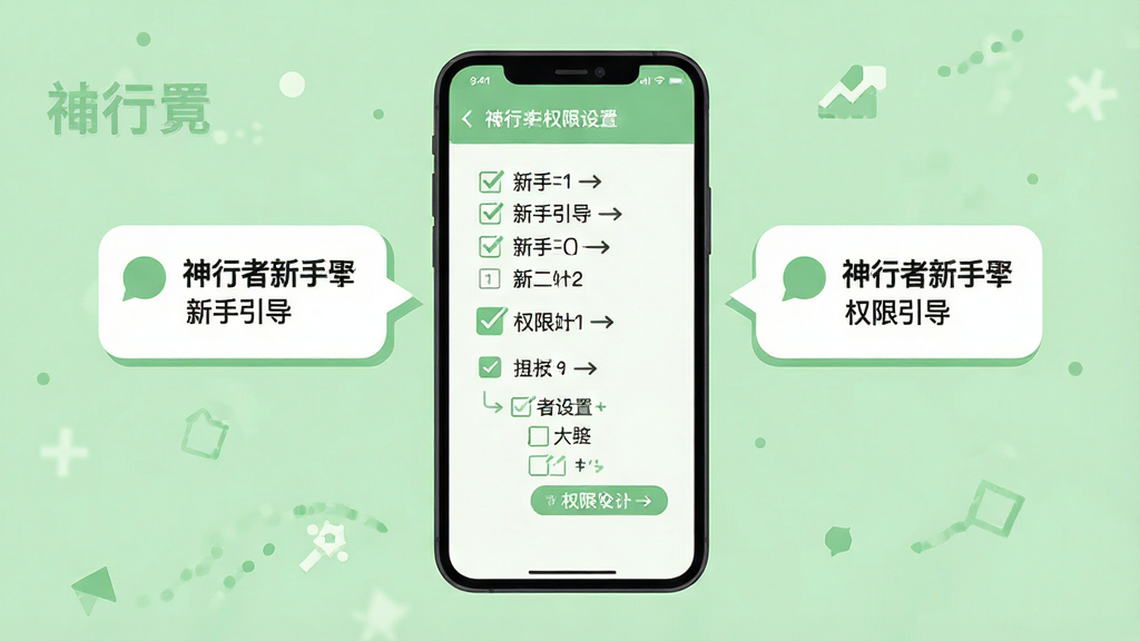 主体是手机屏幕显示新手引导步骤和权限设置页面,布局为手机居中左右两侧浮动提示气泡,排版围绕手机展开,风格为扁平化教程插画,细节包括勾选权限的复选框、步骤数字、箭头指引、浅绿色背景,画面中打文字“神行者新手引导”,画质高清,干净,无多余元素