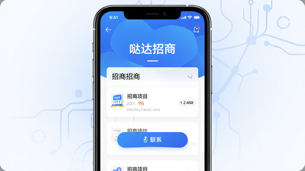 主体为一部智能手机,屏幕中展示“哒达招商”应用主界面,界面包含招商项目列表与联系按钮,布局为居中展示,排版简洁清晰,风格为现代商务科技风,细节包括蓝色渐变背景与白色卡片式设计,画质高清,干净,无多余元素。