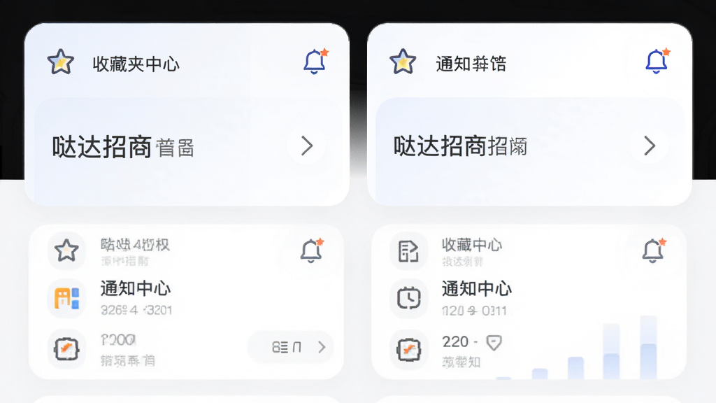 主体为“哒达招商”应用中的收藏夹与通知中心界面,布局为上下排列,排版为卡片式布局,风格为现代简约风,细节包括星标图标与铃铛图标,画质高清,干净,无多余元素。