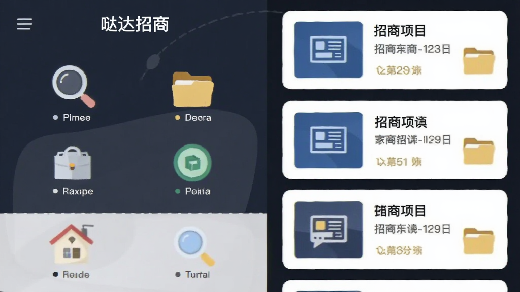 主体为“哒达招商”应用界面截图风格插画,布局为左右分栏,左侧展示分类图标,右侧展示招商项目卡片列表,排版整齐有序,风格为扁平化商务风,细节包括放大镜与文件夹图标,画质清晰,干净,无多余元素。