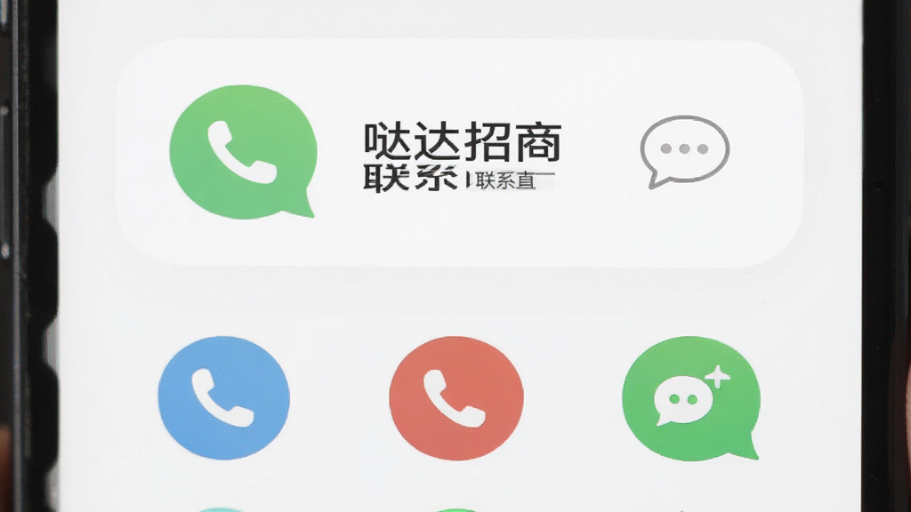 主体为“哒达招商”应用中的联系人卡片与拨号按钮特写,布局为居中构图,排版为上下结构,风格为简洁UI风格,细节包括电话图标与聊天气泡,画质高清,干净,无多余元素。