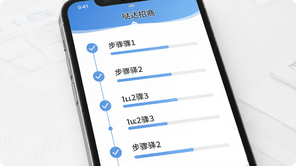 主体为“哒达招商”应用内的流程指引页面,布局为纵向时间轴,排版为步骤式列表,风格为清新商务风,细节包括勾选图标与进度条,画质清晰,干净,无多余元素。