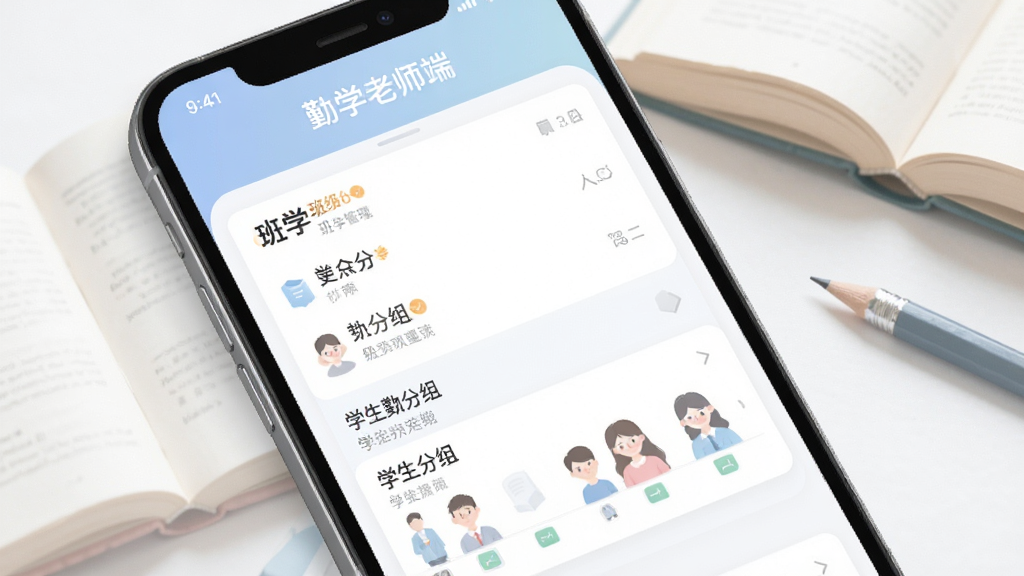勤学老师端班级管理功能界面,画面展示手机屏幕上的班级列表和学生分组,界面设计简洁,配色柔和,背景有淡淡的书本和铅笔元素,整体风格商务清新,画质高清,干净无杂物