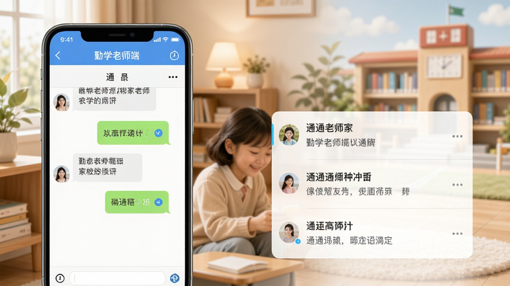 勤学老师端家校沟通界面,画面展示手机聊天窗口和通知列表,有消息气泡和已读标记,背景是温馨的家庭与学校场景融合,整体风格柔和亲切,画质清晰,画面干净整洁
