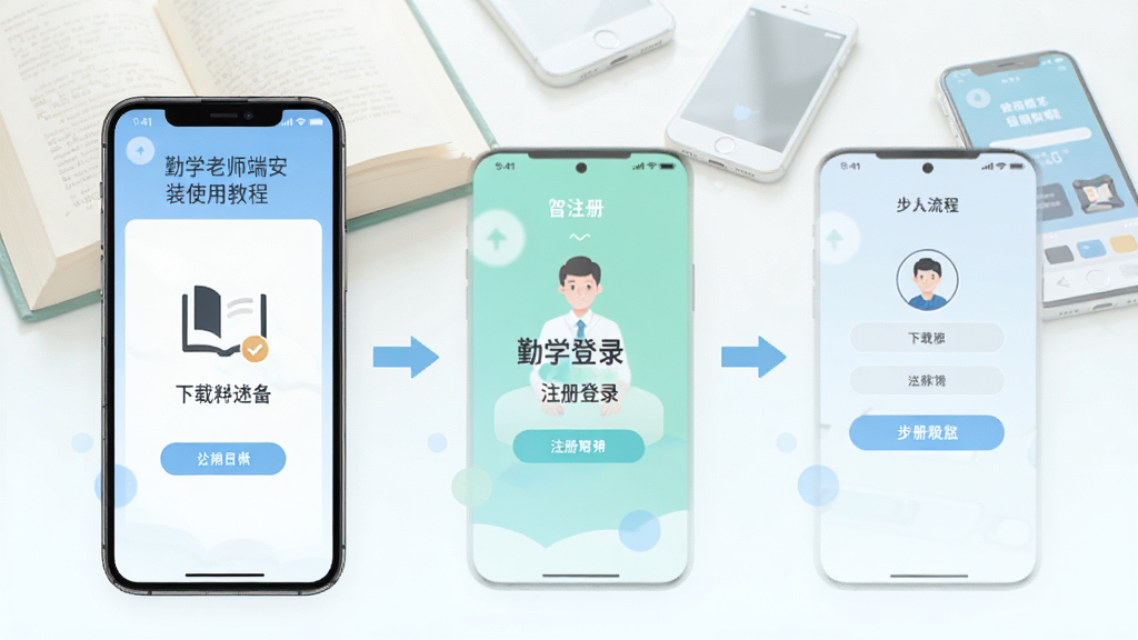 勤学老师端安装使用教程示意图,画面展示手机屏幕从下载到注册登录的步骤流程,界面简洁,配色清新,背景有淡淡的书本和手机元素,整体风格友好易用,画质高清,无杂乱信息