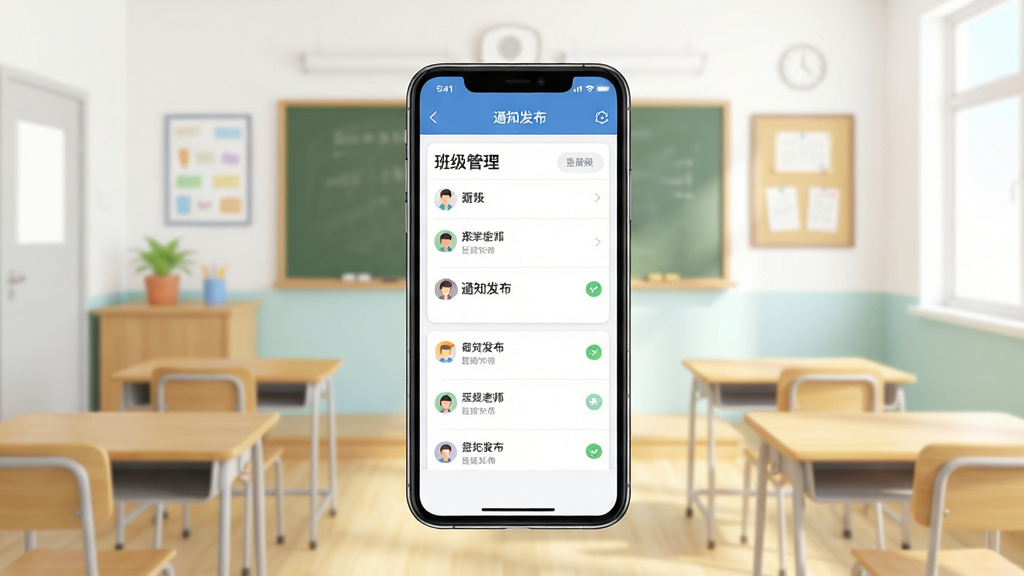 勤学老师端软件主界面展示,画面中央是一部智能手机,屏幕上显示着班级管理列表和通知发布界面,背景是简洁的教室场景,整体风格清新明亮,采用扁平化设计,画面干净整洁,文字清晰可见,画质高清,无多余元素