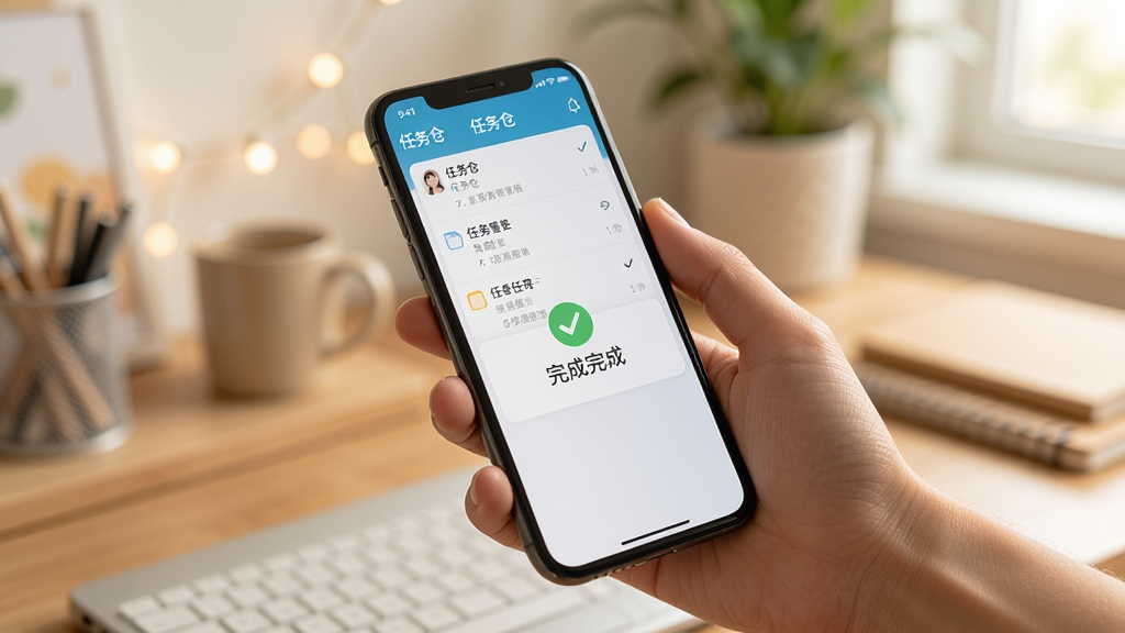 一张展示用户使用任务仓手机应用进行任务管理的场景图片,画面主体为一只手拿着手机,手机屏幕上显示