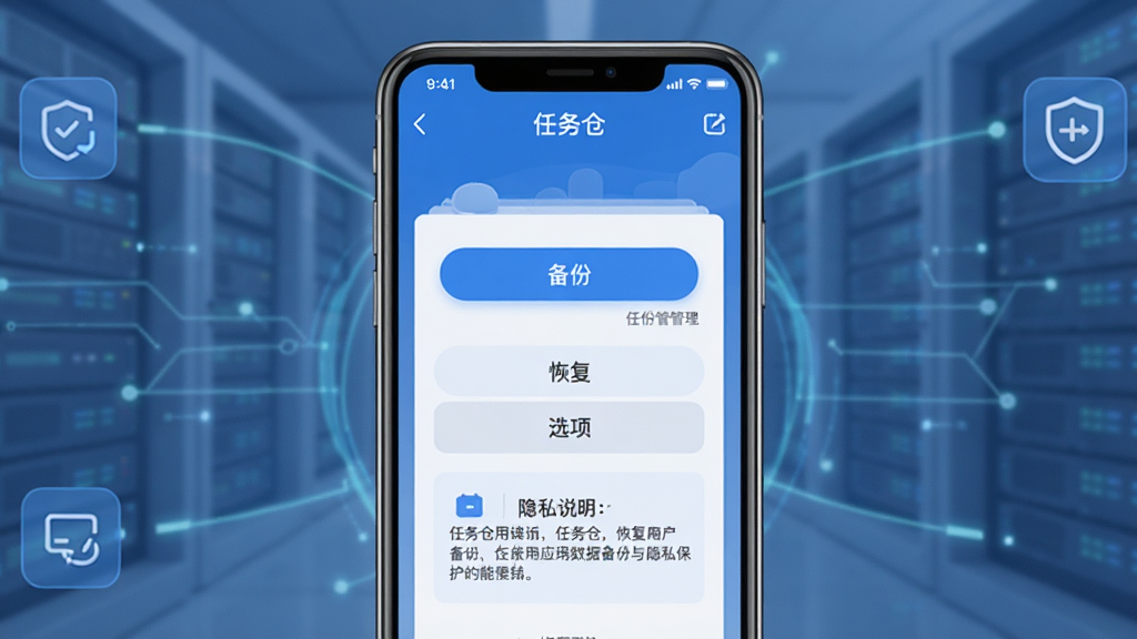 一张展示任务仓应用数据备份与隐私保护功能的图片,画面主体为手机屏幕显示