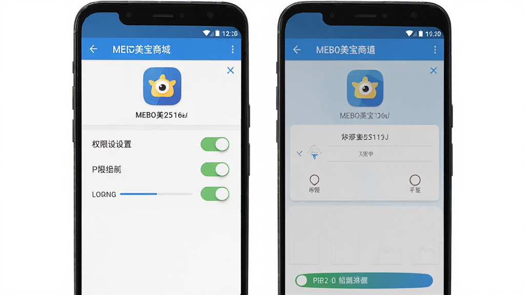 MEBO�����̳ǰ�׿�ֻ����������ͼ������չʾ�ֻ���Ļ�ϵ�Ȩ������ҳ����APP���н��沢�У�����Ϊ���ҶԱȣ���������ˣ�ϸ�ڰ���Ȩ�޿��ذ�ť��APPͼ�ꡢ���ؽ������������������ɾ����޶���Ԫ��