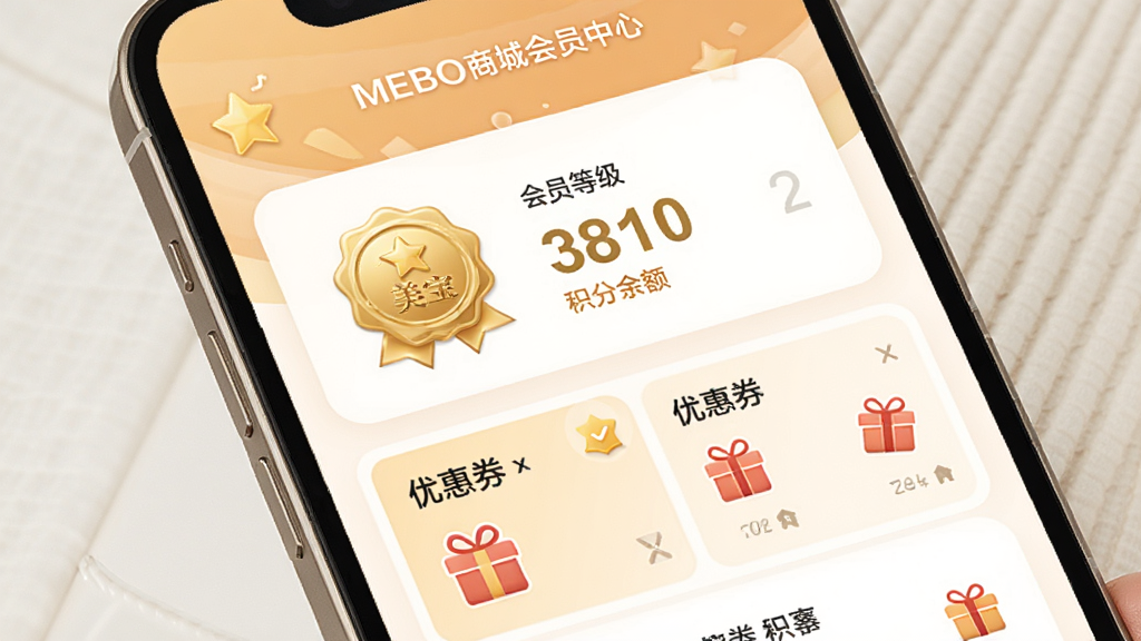MEBO�����̳ǻ�Ա����ҳ��չʾ������Ϊ�ֻ���Ļ��д����ʾ��Ա�ȼ����������Ż�ȯ�б������ֲ��ÿ�Ƭʽ��ƣ������ܰ���ʣ�ϸ�ڰ�����ɫ��Ա���¡��������֡���Ʒͼ�꣬���ʸ��壬�ɾ����޶���Ԫ��