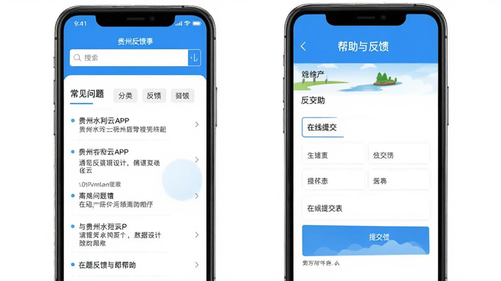 贵州水利云APP问题反馈与帮助界面生图,主体为手机屏幕展示帮助与反馈页面,包含常见问题列表和在线提交表单,布局为上下结构,风格为简洁实用型,细节上有搜索框和分类标签,画质清晰,干净无多余元素