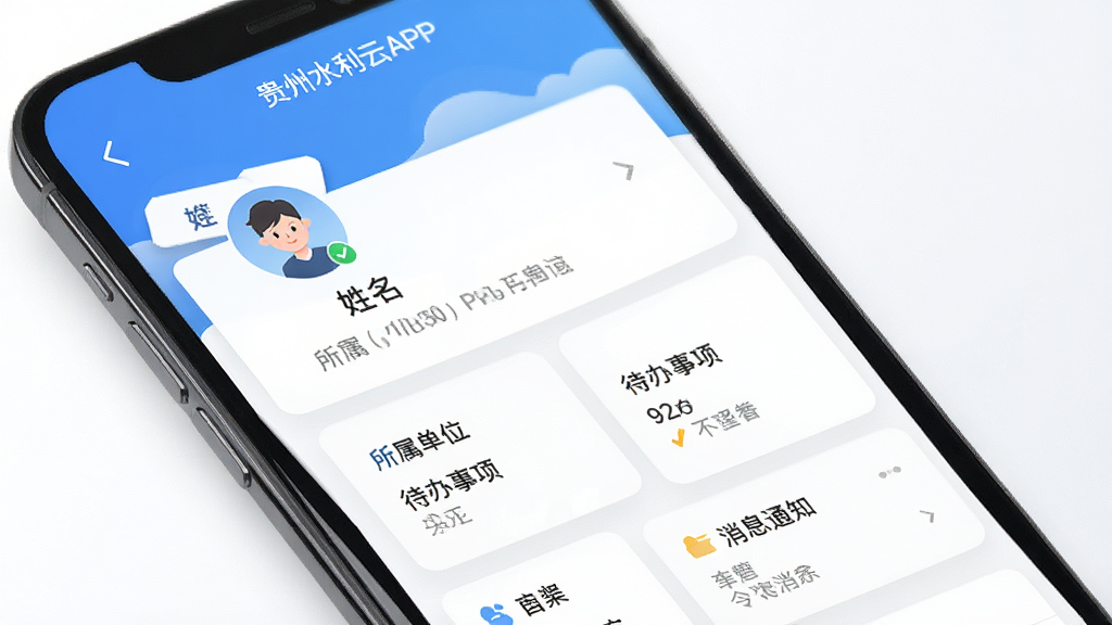 贵州水利云APP个人中心界面生图,主体为手机屏幕展示个人中心页面,包含头像、姓名、所属单位、待办事项数量、消息通知等模块,布局为上下结构,风格为清爽简约风,细节上采用卡片式设计,画质高清,干净无多余元素