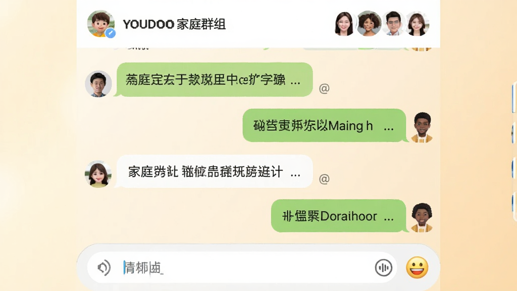 YouDoo��ͥȺ��������棬����������ʾ�����������ݣ�����������������Ϣ��������Ⱥ�����ƺͳ�Աͷ�񣬵ײ�Ϊ���������鰴ť������Ϊǳɫ���䣬�����ܰ�Ѻã�ϸ�ڰ����Ѷ���Ǻ�@���ţ������������ɾ��޶���Ԫ��
