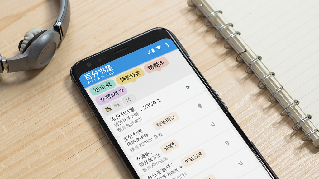 ����չʾһ����׿�ֻ���Ļ��д����Ļ����ʾ���ٷ���ͯ��APP�Ĵ��Ȿ���棬��������������֪ʶ������ǩ�ʹ����б����ֻ��Ա߷���һ��������һ���ʼǱ���������ǳɫľ�����棬���Ϊ�����Ʒչʾ�磬�����������ȣ�ϸ�����������ʸ��壬�ɾ���࣬�޶���Ԫ��
