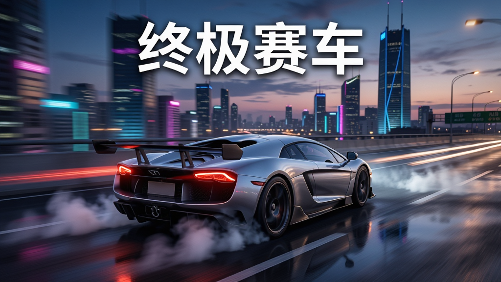 一张以“终极赛车”为主题的写实风格游戏宣传图,主体是一辆流线型超级跑车在黄昏城市高架上高速行驶,车身带有动态模糊效果,背景是霓虹灯闪烁的现代都市天际线,布局采用中心构图,跑车占据画面正中偏下位置,上方留出天空与远景建筑,排版简洁大气,风格偏向写实赛车游戏海报,细节包括轮胎摩擦地面的烟雾、车灯拖尾光效、路面反光,画质高清,干净,无多余元素
