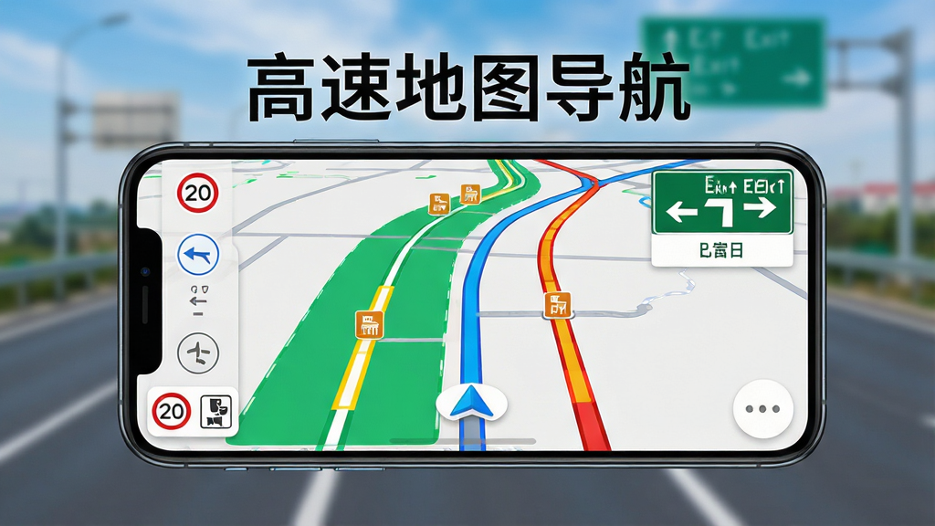 一张手机横屏展示高速地图导航界面的图片,画面主体为手机屏幕,屏幕中显示蓝色高速公路路线图、绿色畅通路段、黄色缓行路段和红色拥堵路段,屏幕上方有醒目的