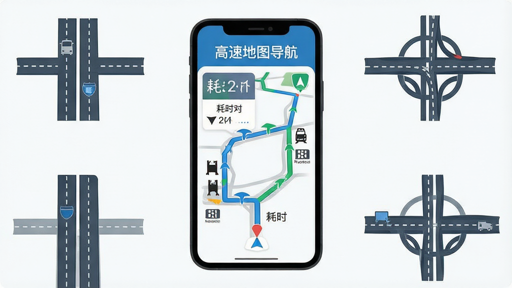 一张展示高速地图导航路线规划功能的图片,画面主体为手机屏幕显示多条高速路线方案,屏幕中有