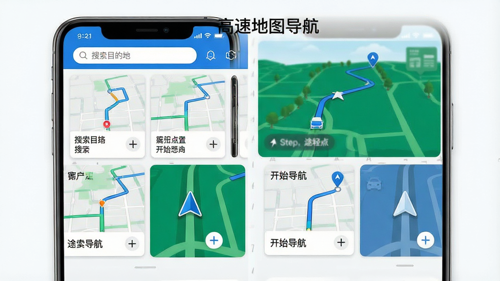 一张展示高速地图导航实际操作流程的图片,画面主体为手机屏幕分四格展示搜索目的地、选择路线、开始导航、途经点设置四个步骤,屏幕中有