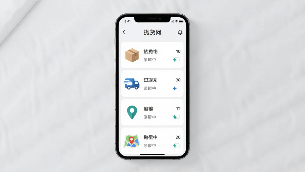 抛货网APP界面展示,主体为手机屏幕显示物流信息列表,布局为居中放置的手机模型,排版简洁明了,风格为现代科技感,细节包括货物图标、运输车辆图标、地图定位标识,画质清晰,干净,无多余元素