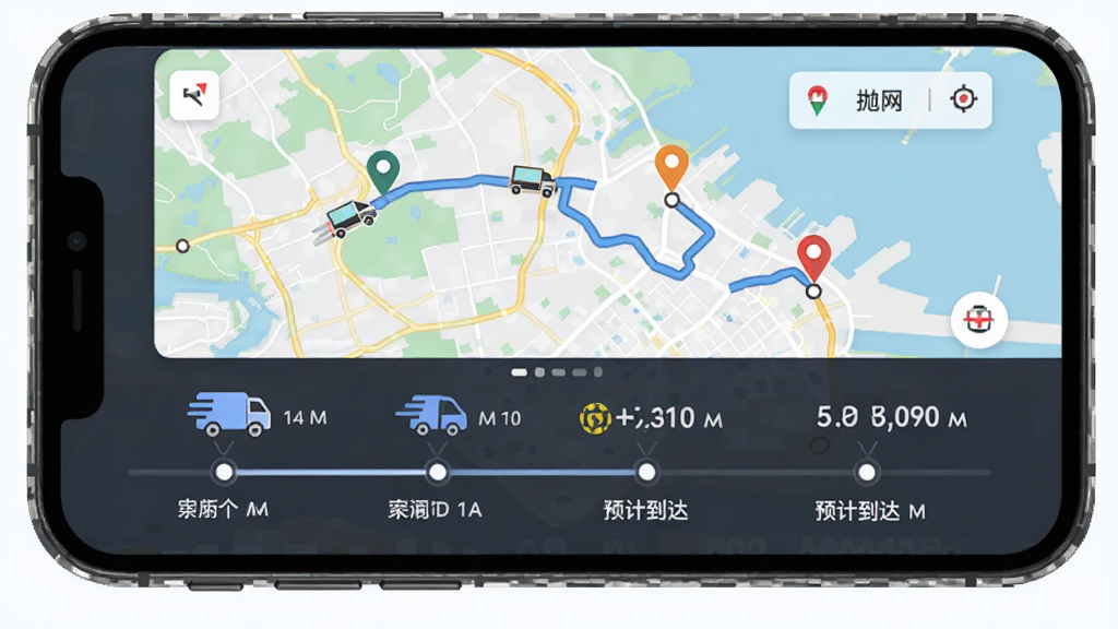 抛货网物流轨迹追踪界面图,主体为手机屏幕显示地图与运输路线,布局为上方地图下方时间轴,排版清晰直观,风格为现代简约,细节包括车辆图标、起点终点标记、预计到达时间,画质清晰,干净,无多余元素