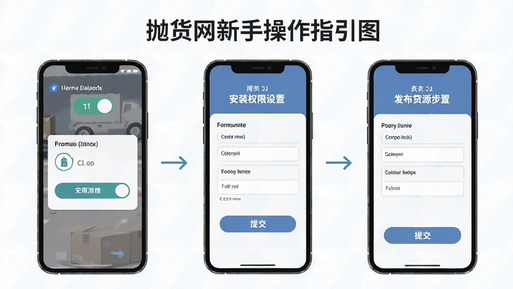 抛货网新手操作指引图,主体为手机屏幕展示安装权限设置与发布货源步骤,布局为分步图示排列,排版清晰易懂,风格为扁平化教程风格,细节包括权限开关图标、表单填写示例、提交按钮,画质清晰,干净,无多余元素