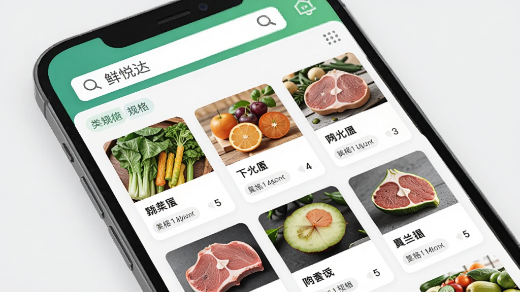 画面展示手机屏幕内呈现生鲜商品列表,包含蔬菜、水果、肉类等分类标签,每个商品卡片上有商品图片、名称和规格信息,屏幕上方有