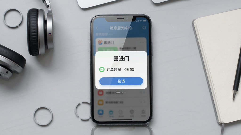 画面展示“喜进门”应用的消息通知中心界面,手机屏幕中央弹出订单状态更新卡片,卡片上写有“喜进门”字样与时间节点。背景为浅灰色工作台面,旁边放置耳机与笔记本,布局为俯视角度,风格为真实场景产品展示图,细节包括屏幕反光、按钮高亮与柔和环境光,画质高清,干净无多余元素。