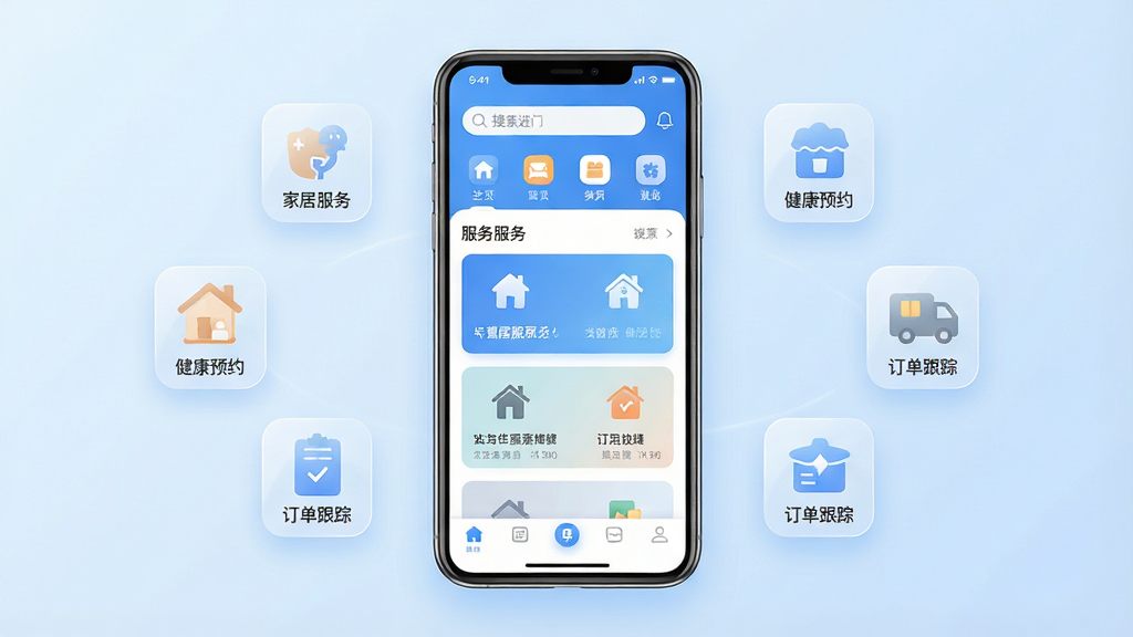 画面中央放置一部智能手机,屏幕显示“喜进门”应用主界面,界面采用清新蓝白配色,顶部有搜索栏与分类图标,中部为服务卡片列表,底部导航栏清晰可见。手机周围环绕家居服务、健康预约、订单跟踪等半透明功能图标,背景为柔和渐变浅蓝色,整体布局简洁对称,风格为现代扁平化UI展示图,细节包括圆角图标、柔和阴影与清晰文字标签,画质高清,干净无多余元素。