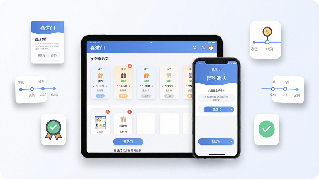 画面主体为一台打开“喜进门”应用的平板电脑与一部手机并排摆放,屏幕分别展示服务分类页与预约确认页,界面中可见“喜进门”文字标识。周围漂浮着预约单、时间轴、支付成功等扁平化图标,布局采用左右对称构图,风格为简洁科技感UI展示,细节包括柔和投影、清晰按钮与状态标签,画质高清,干净无多余元素。