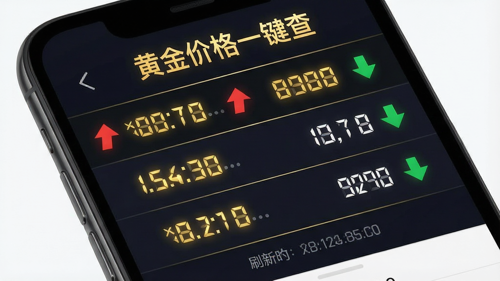 一张展示黄金价格一键查实时刷新功能的界面图,主体为手机屏幕特写,屏幕上显示“黄金价格一键查”软件名称与滚动的金价数字,数字旁边带有红色上涨箭头和绿色下跌箭头;布局为上下排列,上方为软件标题,中部为价格列表,下方为刷新时间戳;排版紧凑有序;风格为金融数据仪表盘风格,配色以深色背景搭配金色与白色文字;细节包括数字的微光效果、细线条分隔、时间戳的小字标注;画质高清,干净,无多余元素