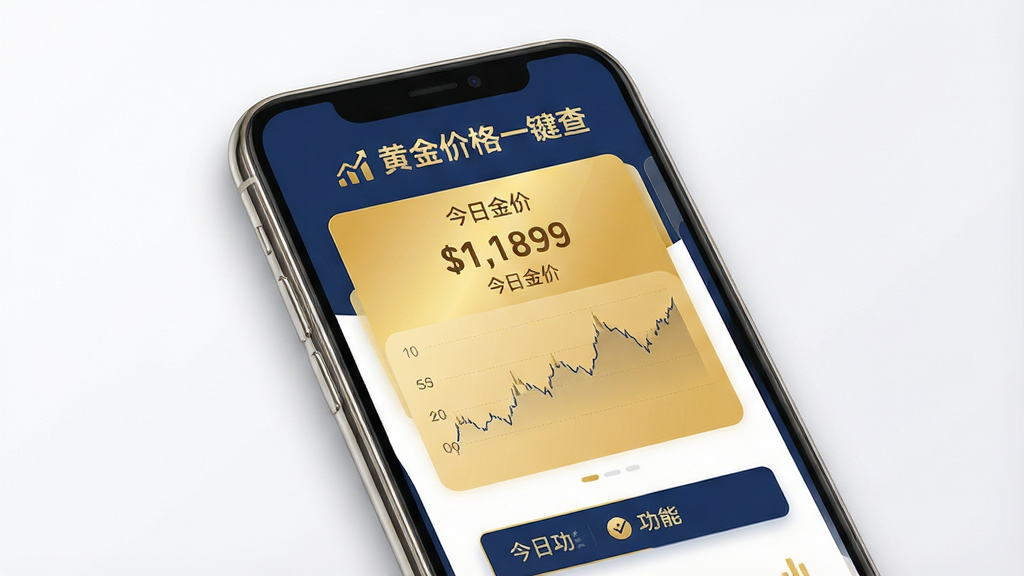 一张手机屏幕展示黄金价格一键查应用主界面的场景图,主体为居中放置的智能手机,屏幕上显示金黄色调的黄金价格走势卡片与今日金价数字;布局采用简洁的上下结构,上方为软件名称“黄金价格一键查”文字标识,中部为价格数字与折线图,下方为功能按钮;排版整齐清晰,留白充足;风格为现代简约科技风,配色以金色、深蓝、白色为主;细节包括手机边框高光、屏幕内细腻的图表线条、微弱的投影效果;画质高清,干净,无多余元素
