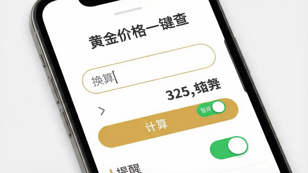 一张展示黄金价格一键查金价换算与提醒功能的界面图,主体为手机屏幕,屏幕上显示“黄金价格一键查”软件名称与换算输入框、计算结果以及提醒设置开关;布局为上下结构,上方为标题,中部为换算区域,下方为提醒开关;排版清晰;风格为工具类应用风格,配色以白色背景、金色按钮、深灰文字为主;细节包括输入框的圆角处理、计算结果的加粗显示、开关的绿色高亮;画质高清,干净,无多余元素