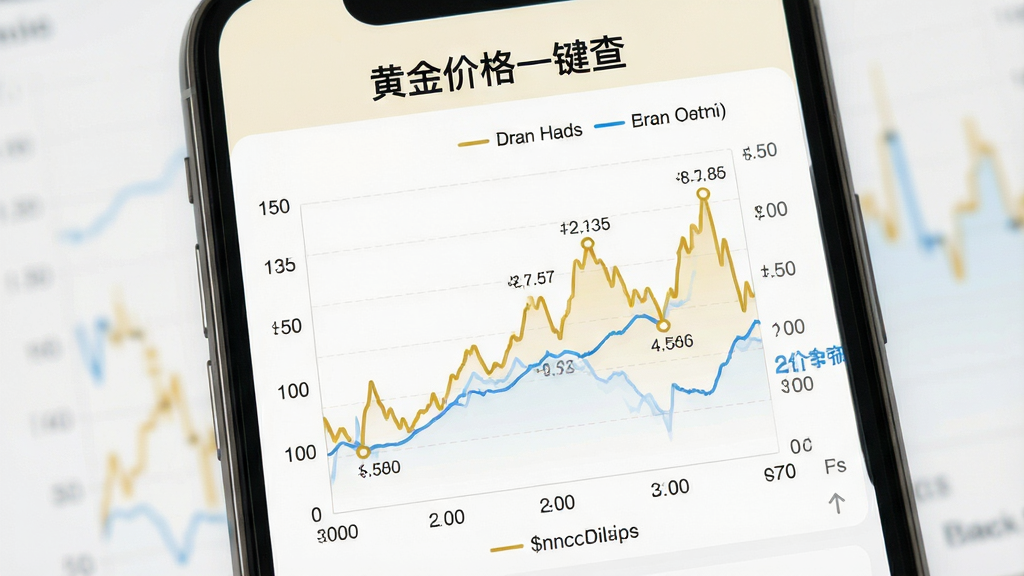 一张展示黄金价格一键查走势图功能的界面图,主体为手机屏幕,屏幕上显示“黄金价格一键查”软件名称与一条起伏的黄金价格折线图;布局为上方标题、中部折线图、下方时间轴;排版简洁;风格为数据可视化风格,配色以浅色背景、金色折线、蓝色辅助线为主;细节包括折线图上的数据点、坐标轴刻度、图例说明;画质高清,干净,无多余元素
