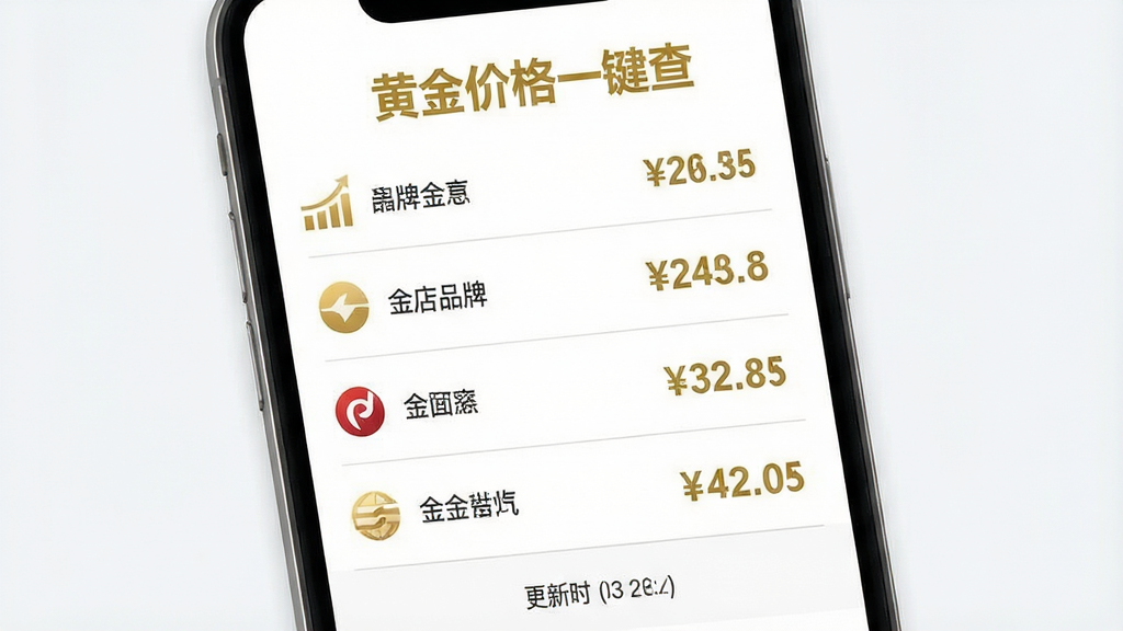 一张展示黄金价格一键查多品牌金价对比功能的界面图,主体为手机屏幕,屏幕上显示“黄金价格一键查”软件名称与多个金店品牌名称及对应价格数字的列表;布局为上下结构,上方为软件标题,中部为品牌价格对比列表,下方为更新时间;排版整齐,行距适中;风格为清爽商务风,配色以白色背景、金色标题、深灰文字为主;细节包括品牌logo的简化图标、价格数字的加粗显示、分隔线的浅灰色处理;画质高清,干净,无多余元素