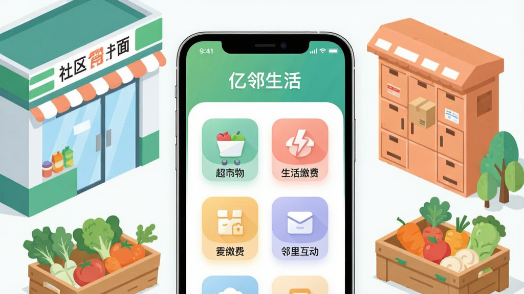 画面主体为一部智能手机,屏幕中央显示“亿邻生活”应用界面,界面包含超市购物、生活缴费、邻里互动等功能图标,手机周围环绕社区便利店、快递柜、生鲜果蔬等元素,布局采用中心聚焦式构图,排版简洁明快,风格为现代扁平化插画风,细节上手机界面图标清晰、色彩柔和,画质高清干净,无多余元素