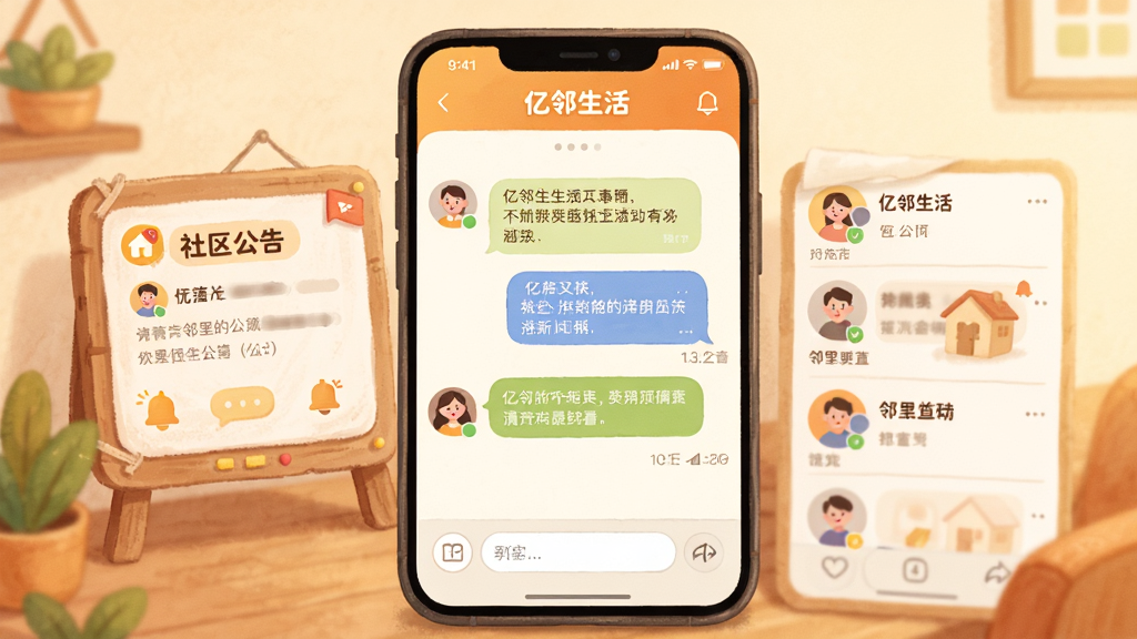 以“亿邻生活”应用内的邻里互动界面为主体,画面展示聊天对话框、社区公告栏、用户头像等元素,布局采用上下分层排版,风格为温暖亲和的插画风格,细节上公告栏带有通知图标、对话框带有文字气泡,画质高清干净,无多余元素
