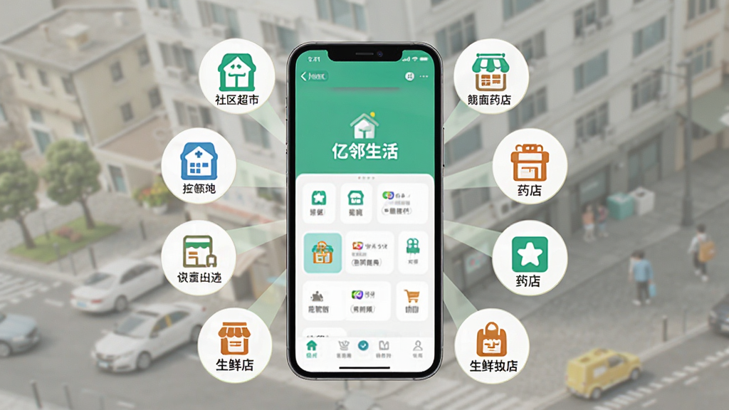 以“亿邻生活”应用界面为核心,画面展示社区周边超市、药店、生鲜店等商户图标环绕在手机屏幕周围,布局采用放射状构图,排版清晰有序,风格为清新明快的扁平化设计,细节上各商户图标带有标识文字,画质高清干净,无多余元素